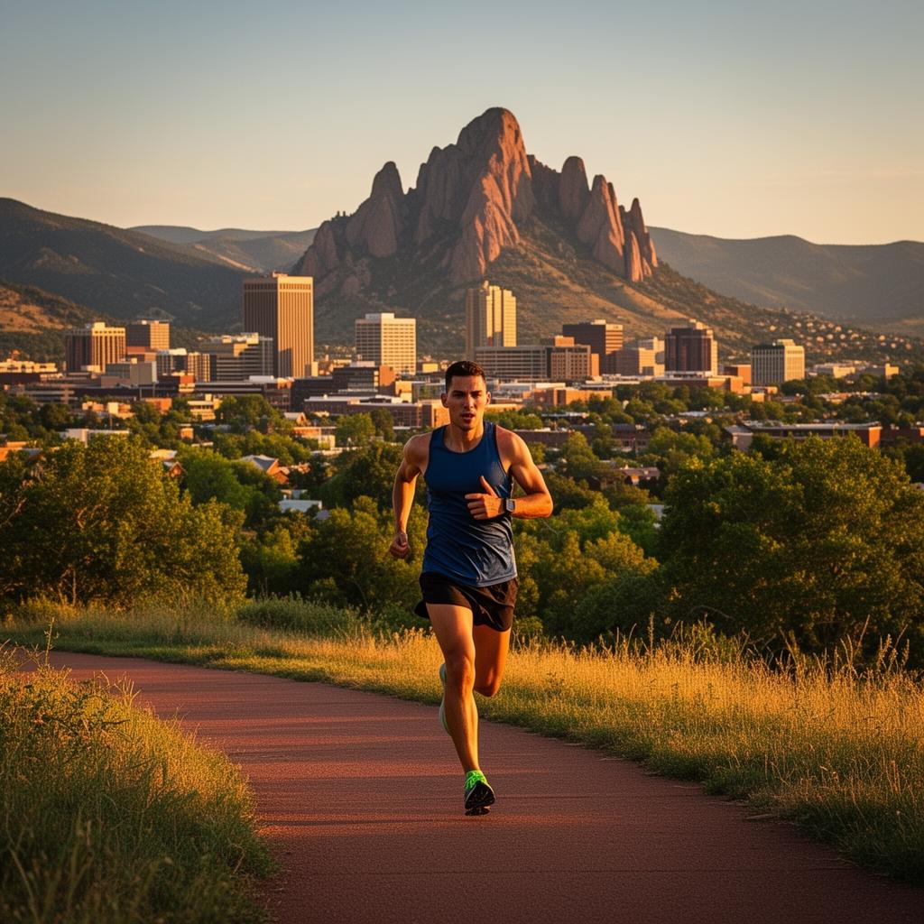 Runner heading toward downtown Boulder with the Flatirons behind